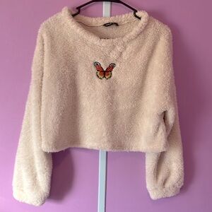 SHEIN Butterfly Embroidered Drop Shoulder Teddy Crop Shirt